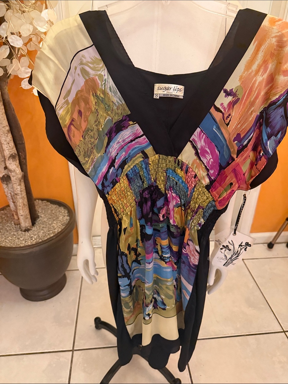 Sugarlips Black Multicolor V-Neck Smocked-Waist Tunic